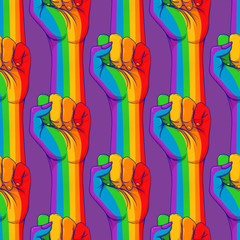 Striped hand showing fist raised up. Gay rights concept. Realistic style vector illustration in rainbow colors. LGBT logo symbols stickers seamless pattern. Colorful pride design..