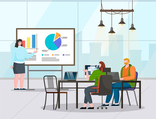 Woman giving presentation on whiteboard using stats and analysis for students. Presenter with report for coworkers, business meeting of boss and employees. Office seminar vector in flat style