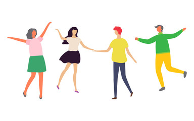 Naklejka premium Man and woman dancing in pair, people moving together, holding each other, female rising hands, character on dance floor, full length view of dancer vector