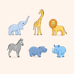Cartoon animals of Africa. Set of animal characters - elephant, giraffe, lion, zebra, hippo, rhinoceros. 