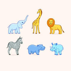 Cartoon animals of Africa. Set of animal characters - elephant, giraffe, lion, zebra, hippo, rhinoceros. 