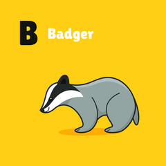 Cartoon badger, cute character for children. Vector illustration in cartoon style for abc book, poster, postcard. Animal alphabet - letter B.