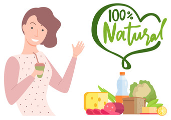 Woman drinking tea vector, isolated female character and natural food label. Organic production, cheese and salami, bread and water bottle, cabbage lemon