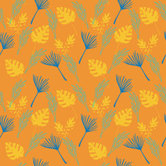 Trendy Tropical Vector Seamless Pattern. Monstera Feather Banana Leaves Dandelion Tropical Seamless Pattern. 