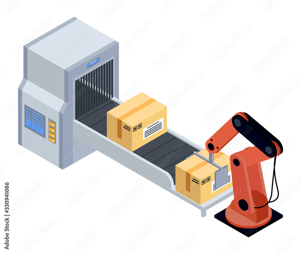 Poster robotic machine packing products, automated production and delivery. smart mechanism packaging devic