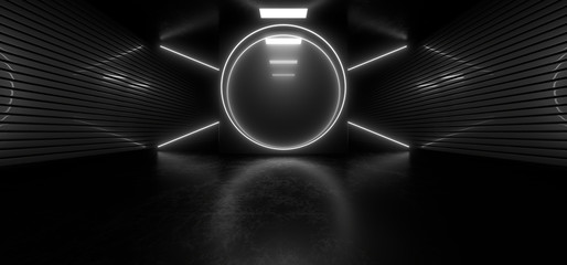 Obraz premium Ciemny tunel z jasnymi białymi neonami na czarnym tle. Renderowania 3D.