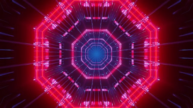 Motion graphics of highly immersive dark space glowing with cyan and red LEDs representing spider man webs. Animation, VJ loops.
