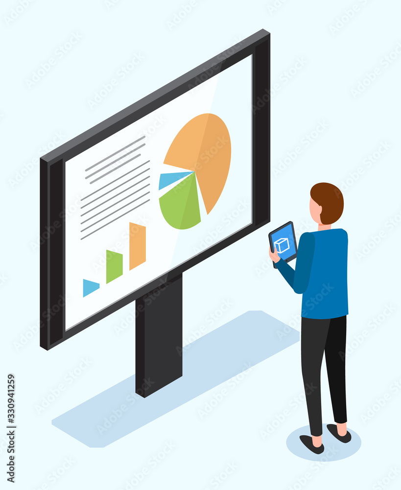 Poster worker standing near board with diagram scheme. employee professional researching of graph symbol is
