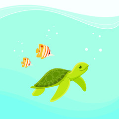 Underwater tropical banner with turtle and butterfly fish. Vector illustration in colorful style.