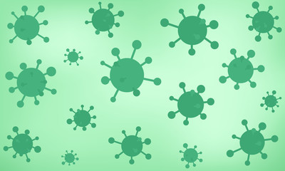 Vector illustration of a microscopic view of multiple green viruses or germs against a light green gradient background. Microorganisms can be used for coronavirus backdrop or banner.