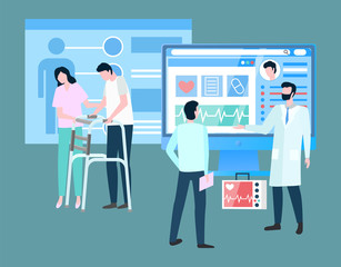 Clinic provides medical services in rehabilitation program. Woman, nurse and help people with disability or injury. Doctor talk with patient about treatment. Vector illustration of physio therapy