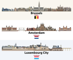 Skylines illustrations of Brussels, Amsterdam, Luxembourg City. Flags of Benelux countries: Belgium, Netherlands, Luxembourg. Vector