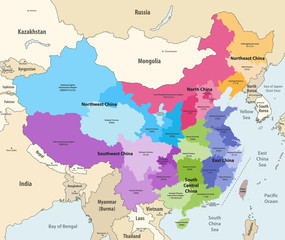 Fototapeta na wymiar vector map of China provinces (chinese names gives in parentheses) colored by regions with neighbouring countries and territories