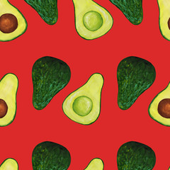 seamless pattern with parts of avocado on a red square background. Half an avocado with and without a stone and an avocado. Pieces of Fresh Avocado