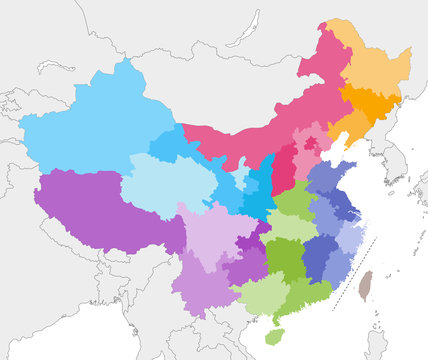 vector map of China provinces colored by regions with neighbouring countries and territories
