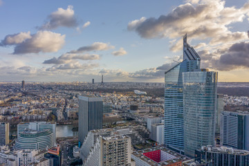 Aerial drone shot of Levallois Paris with Eiffel Tower and jardin d'acclimation