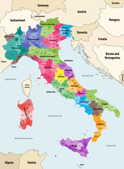 Italy provinces colored by regions vector map with neighbouring countries and territories