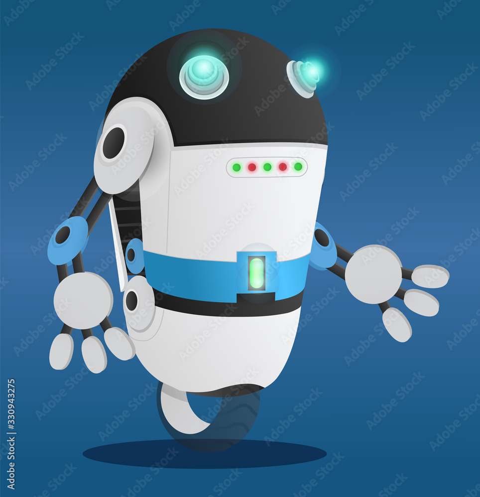 Poster robotic creature with hands and face. character of future, personage with panel. automated humanoid 