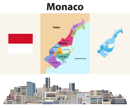 Monaco wards map with neighbouring territories. Cityscape of Monte Carlo, Monaco. Vector illustration
