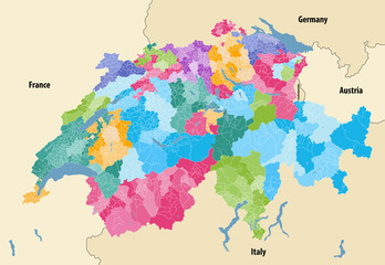 Switzerland vector map showing cantonal, districts and municipal boundaries, colored by cantons and inside each canton by distrcts. Map  with neighbouring countries and territories - obrazy, fototapety, plakaty