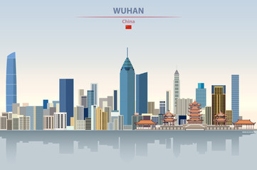 Naklejka premium Vector illustration of Wuhan city skyline on colorful gradient beautiful daytime background