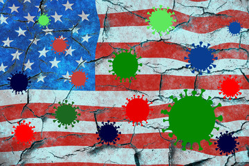 Cracked Flag of United States Of America Infected With Virus. Concept of Virus Outbreak In America.