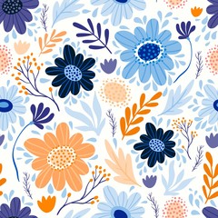 Fototapeta na wymiar Floral seamless pattern with different flowers and plants, white background