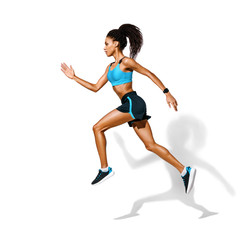 Fototapeta na wymiar Sporty girl runner in silhouette. Photo of african american girl in fashionable sportswear on white background. Dynamic movement. Side view. Full length. Sports and healthy lifestyle