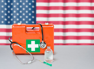 First aid kit with stethoscope and syringe - United States