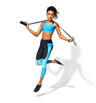 Sporty girl with skipping rope in motion. Photo of african american girl in fashionable sportswear on white background. Dynamic movement. Side view. Full length. Sports and healthy lifestyle