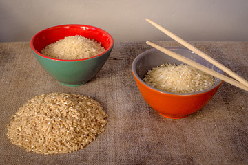 Rice in cups on the table. Japanese cuisine.