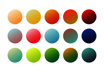 Gradient round holographic buttons. Abstract circle set of purple blue green yellow rounded palette gradients, flat vivid color spheres isolated on white background. Vector illustration