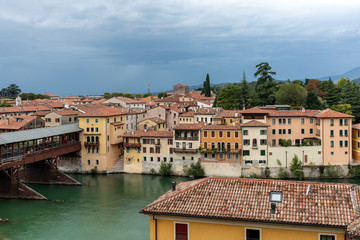 The wooden covered Bridge, or Ponte degli Alpini, on the Brenta River, designed in 1569 by the...