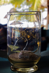 A transparent glass jar 