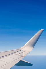 Aerial view wing of airplane from window seat.
