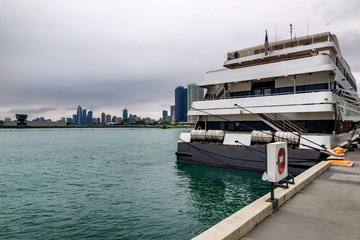 Small cruise ship for tourists at The Navy Pier in Chicago