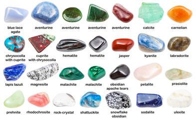 set of various polished stones with names isolated