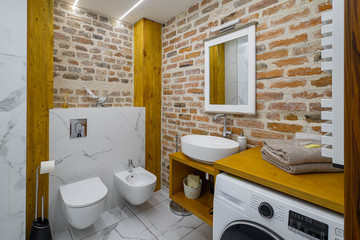 Modern bathroom in apartment. Loft interior. Brick wall. Toilet and bidet.