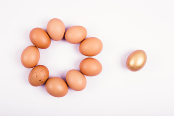 Chicken eggs on light pink background