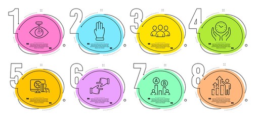 Ab testing, Eye laser and Safe time signs. Timeline steps infographic. Employee results, Click hands and Three fingers line icons set. Online shopping, Group symbols. Chart, Direction. Vector