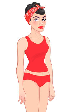 Standing pretty young woman in simple basic underwear (tank top and pants) isolated on white. Pinup style. Mock up for clothes prints. Vector illustration.