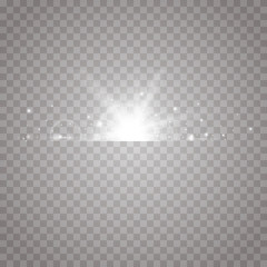 White glowing light explodes on a transparent background. Sparkling magical dust particles. Bright Star. Transparent shining sun, bright flash. Vector sparkles. To center a bright flash.