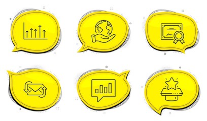 Analytical chat sign. Diploma certificate, save planet chat bubbles. Refresh mail, Growth chart and Winner podium line icons set. New e-mail, Upper arrows, First place. Vector