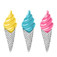 Set of soft ice cream cones. Mint, yellow, pink colors. Hand drawn vector illustration isolated on white background with doodle element.
