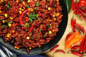 Hot chili con carne. mexican food tasty and spicy wit beans