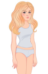 Fototapeta premium Standing pretty young woman in simple basic underwear (tank top and pants) isolated on white. Blonde caucasian girl. Mock up for clothes prints. Vector illustration.