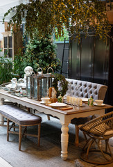 Interior display of wood table with decor