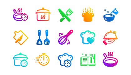 Boiling time, Frying pan and Kitchen utensils. Cooking icons. Fork, spoon and knife icons. Recipe book, chef hat and cutting board. Classic set. Gradient patterns. Quality signs set. Vector