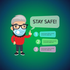 The man wearing a protective medical face mask says the rules of how to protect yourself from viruses. Cartoon poster in a flat style. Prevent coronaviruses, disease, flu, gas. Clipping paths included