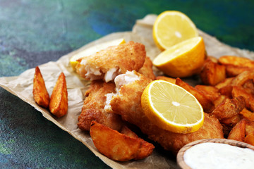 traditional British fish and chips consisting of fried fish, potato chips and mayonnaise